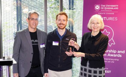 Australian Spatial Analytics founder Geoff Smith, with Head of Entrepreneurship Nimrod Klayman and Vice Chancellor Professor Deborah Terry